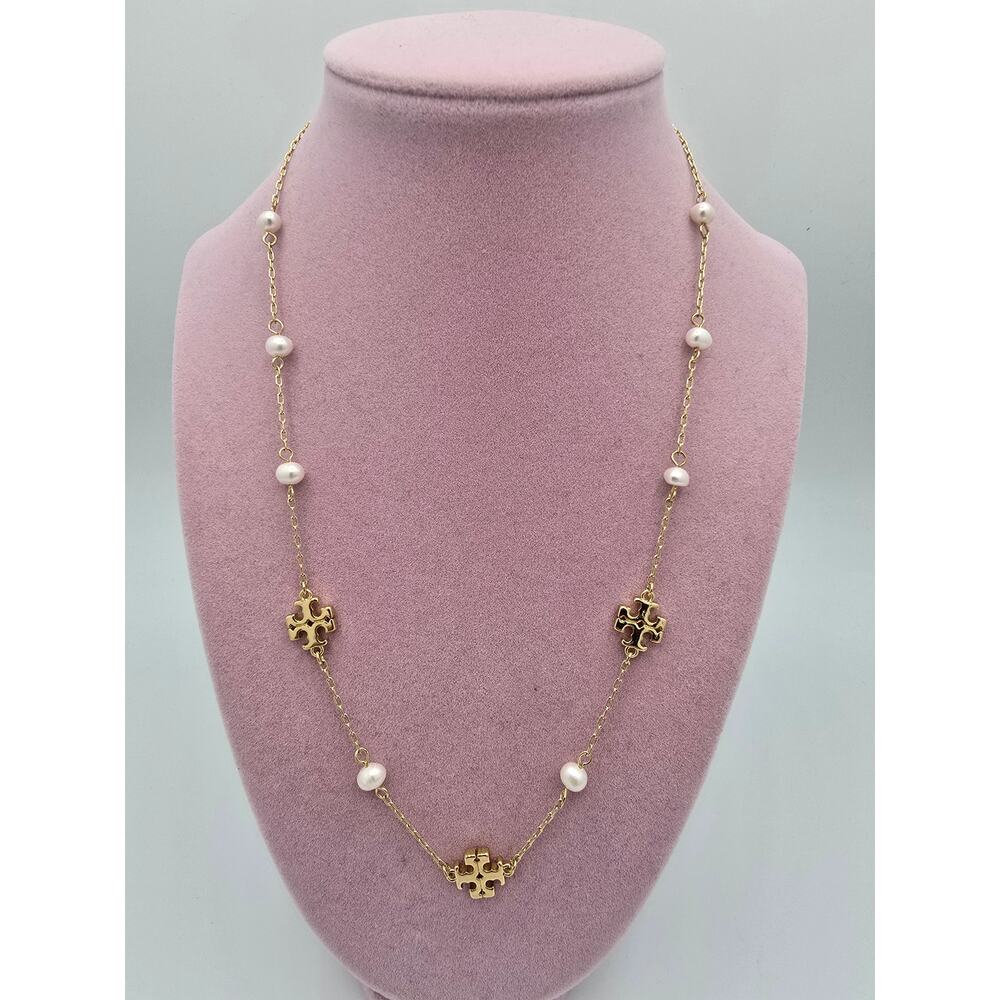 Tory Burch Kira Gold Chain Necklace w/Cultured Pearls & DoubleT Logo Charms-NWOT